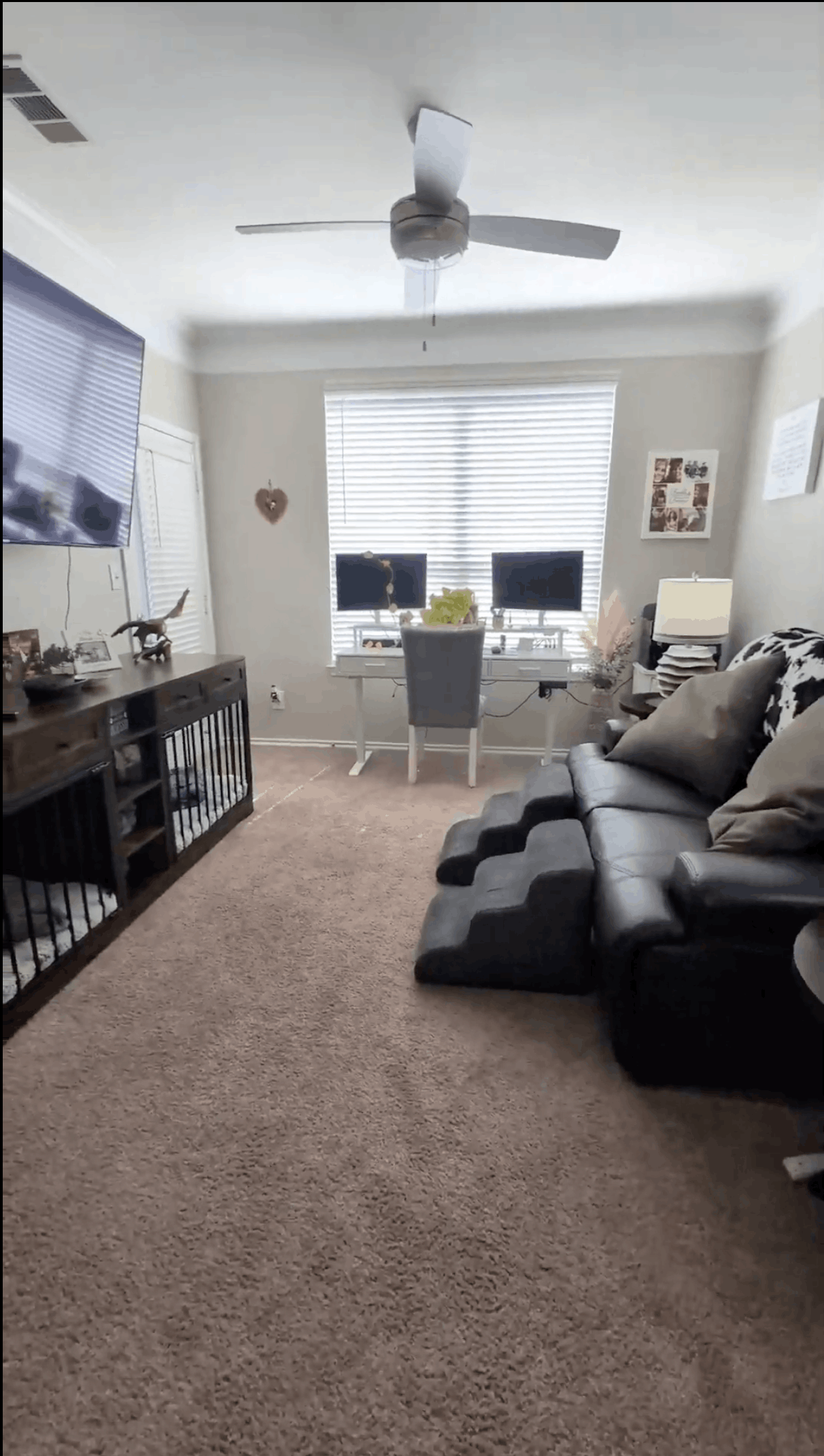 Professional home organizer creating a functional living room in a Dallas-area home.