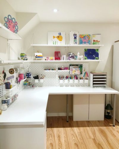 Example of a well‑organized craft room with countertops and shelving, illustrating professional home organizing for Dallas TX homes.
